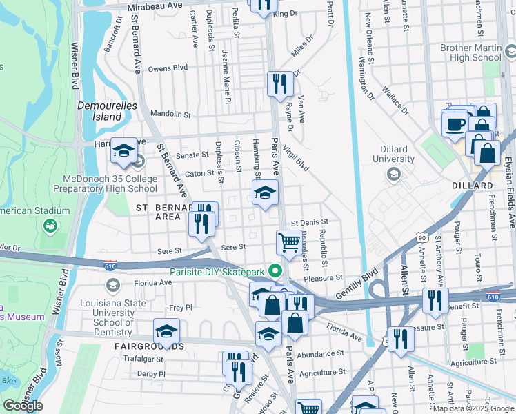 map of restaurants, bars, coffee shops, grocery stores, and more near 1543 Milton Street in New Orleans