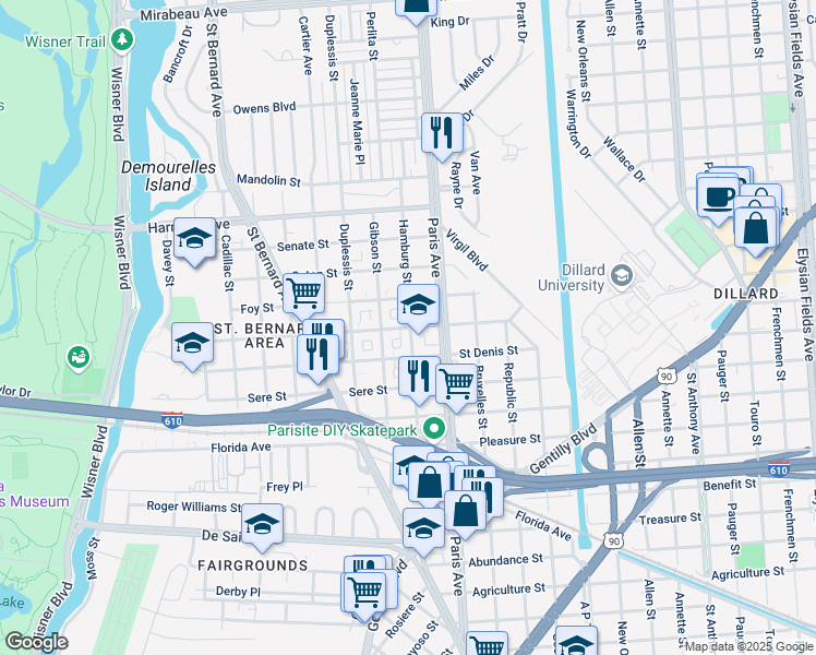 map of restaurants, bars, coffee shops, grocery stores, and more near 1545 Milton Street in New Orleans