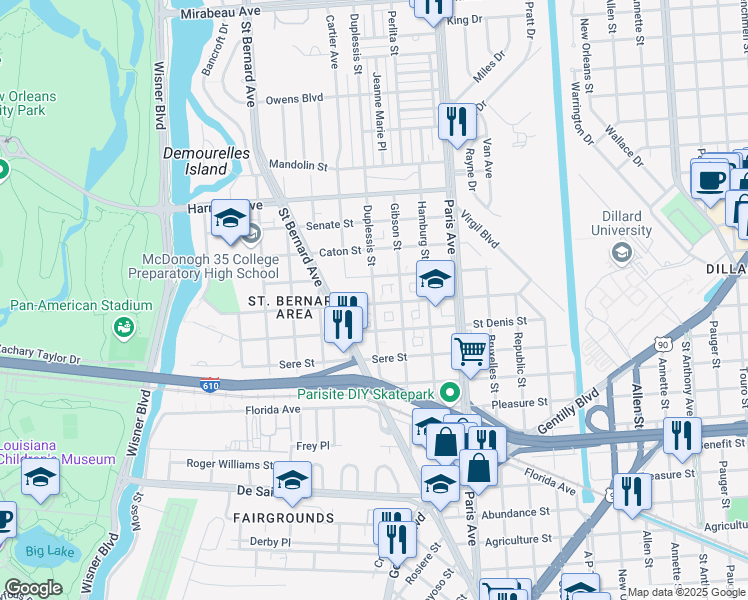 map of restaurants, bars, coffee shops, grocery stores, and more near 3817 Duplessis Street in New Orleans