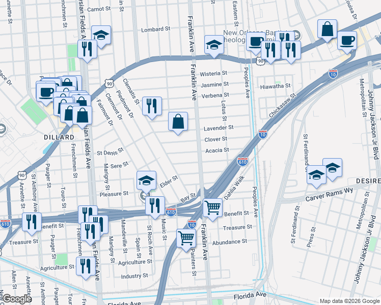 map of restaurants, bars, coffee shops, grocery stores, and more near 2529 Myrtle Street in New Orleans