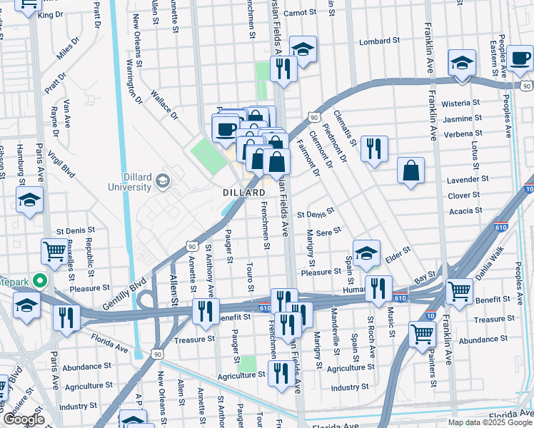 map of restaurants, bars, coffee shops, grocery stores, and more near 3635 Frenchmen Street in New Orleans