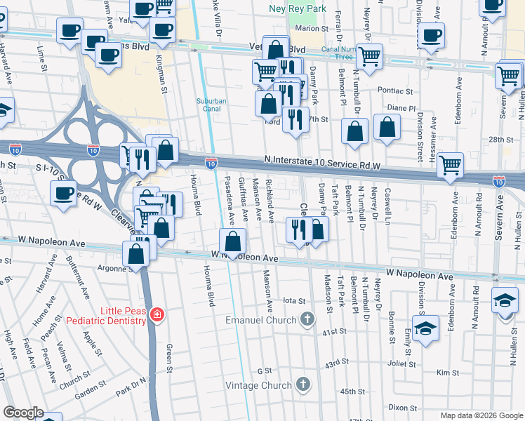 map of restaurants, bars, coffee shops, grocery stores, and more near 4055 Alberta Street in Metairie
