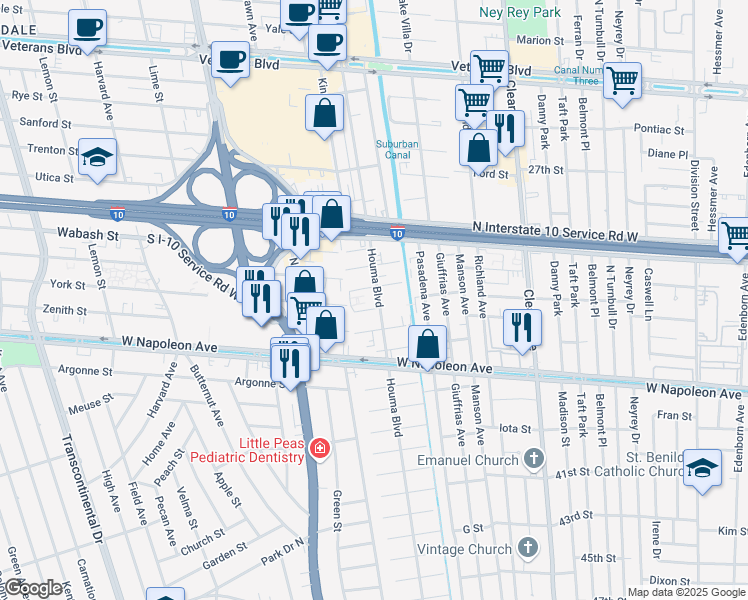 map of restaurants, bars, coffee shops, grocery stores, and more near 2408 Houma Boulevard in Metairie