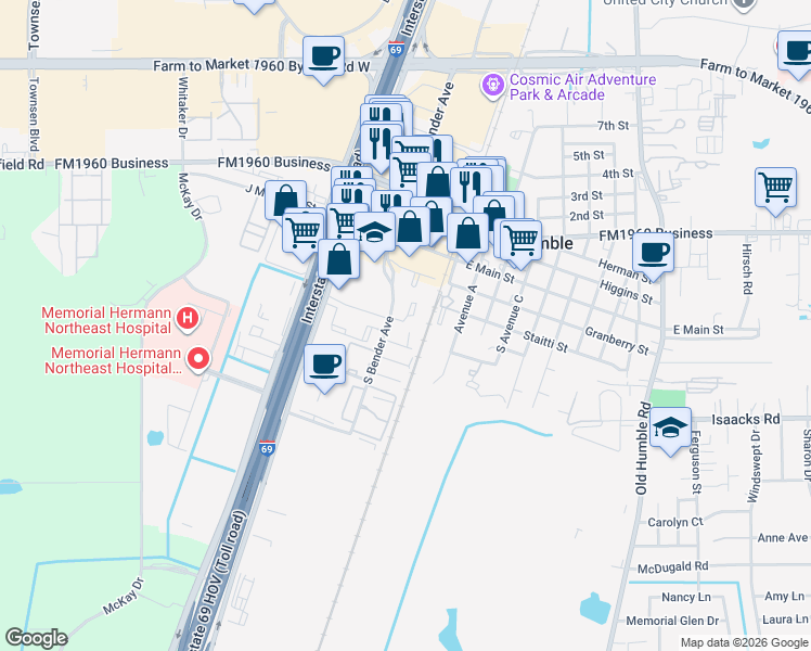 map of restaurants, bars, coffee shops, grocery stores, and more near 411 South Bender Avenue in Humble