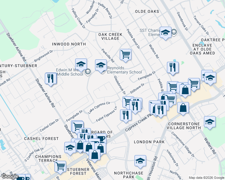 map of restaurants, bars, coffee shops, grocery stores, and more near 4014 Fernglade Drive in Houston