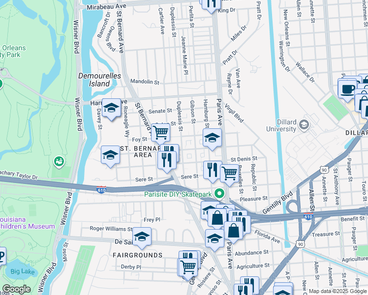map of restaurants, bars, coffee shops, grocery stores, and more near 3813 Duplessis Street in New Orleans