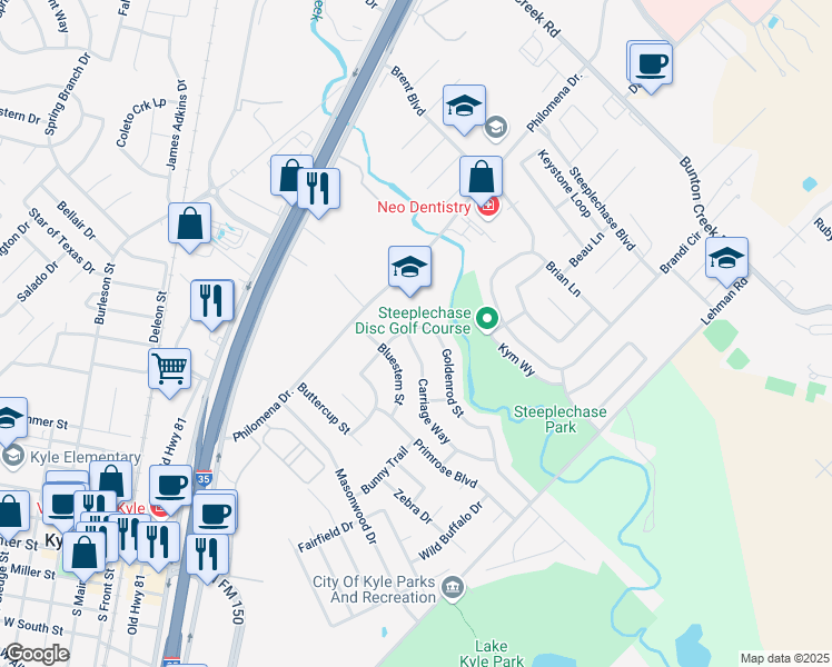 map of restaurants, bars, coffee shops, grocery stores, and more near 570 Goldenrod Street in Kyle