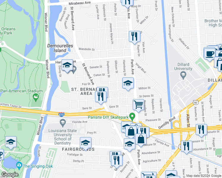 map of restaurants, bars, coffee shops, grocery stores, and more near 3813 Duplessis Street in New Orleans