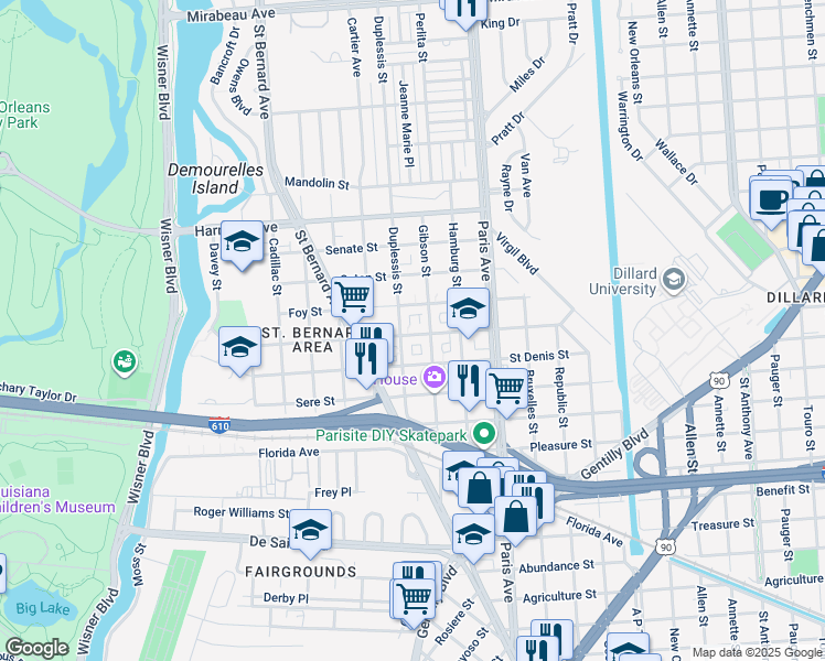 map of restaurants, bars, coffee shops, grocery stores, and more near 1467 Milton Street in New Orleans