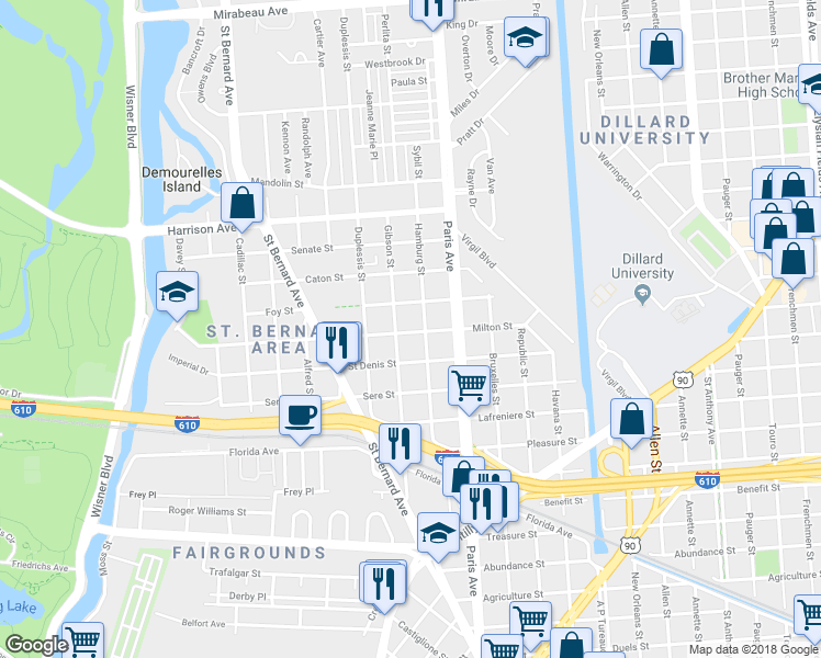 map of restaurants, bars, coffee shops, grocery stores, and more near 1537 Milton Street in New Orleans