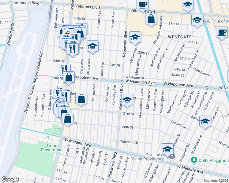 map of restaurants, bars, coffee shops, grocery stores, and more near 2236 Kentucky Avenue in Kenner