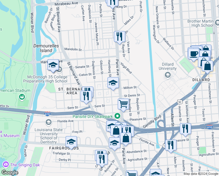 map of restaurants, bars, coffee shops, grocery stores, and more near 1547 Milton Street in New Orleans