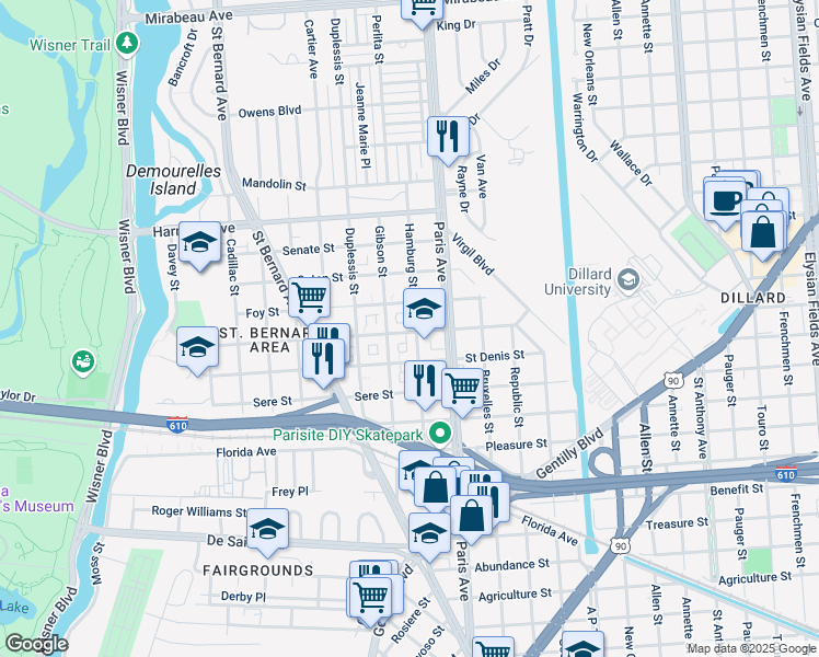 map of restaurants, bars, coffee shops, grocery stores, and more near 1545 Milton Street in New Orleans
