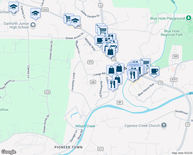 map of restaurants, bars, coffee shops, grocery stores, and more near 301 Rockwood Drive in Wimberley
