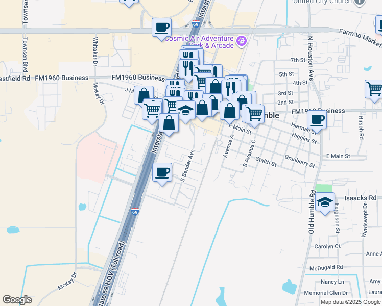 map of restaurants, bars, coffee shops, grocery stores, and more near 411 South Bender Avenue in Humble