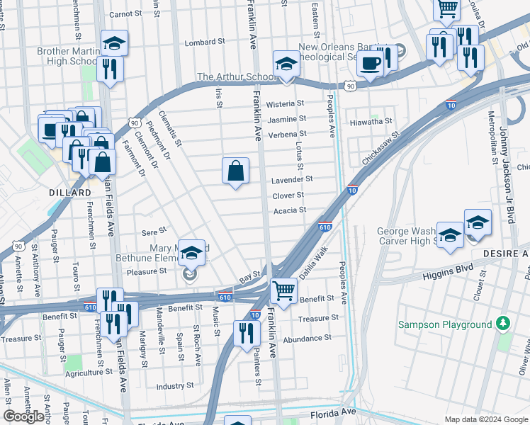 map of restaurants, bars, coffee shops, grocery stores, and more near 3613 Franklin Avenue in New Orleans