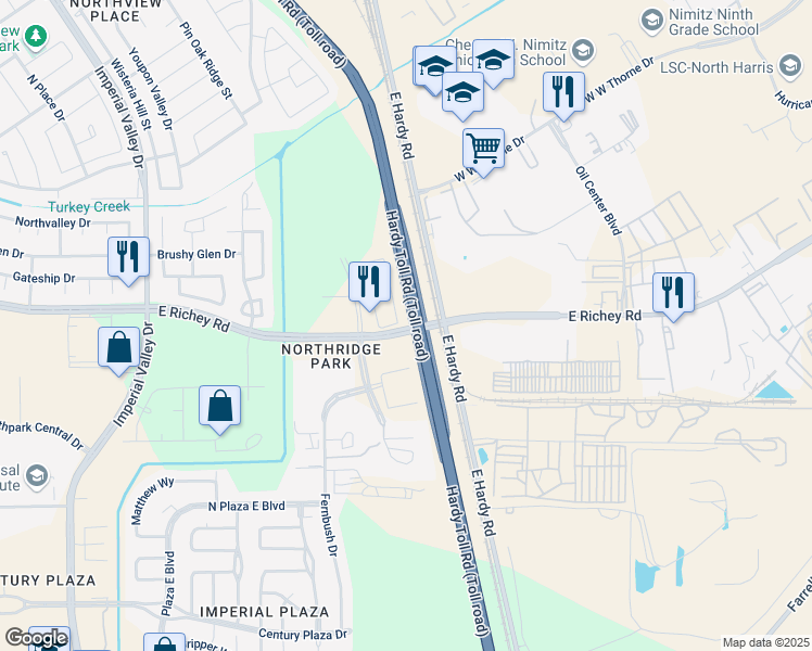 map of restaurants, bars, coffee shops, grocery stores, and more near 1960 East Richey Road in Houston