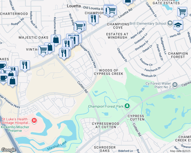 map of restaurants, bars, coffee shops, grocery stores, and more near 15255 Vintage Preserve Parkway in Houston