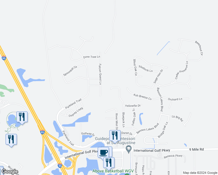 map of restaurants, bars, coffee shops, grocery stores, and more near 568 Bluejack Lane in St. Augustine