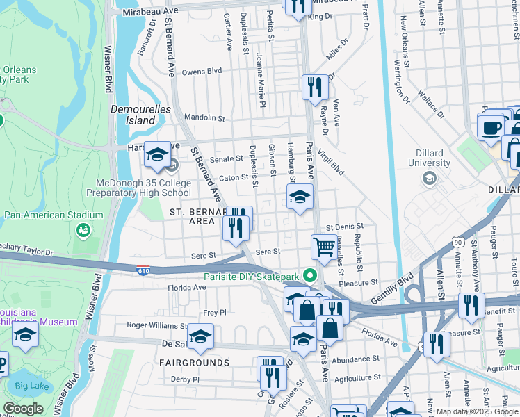 map of restaurants, bars, coffee shops, grocery stores, and more near 3817 Duplessis Street in New Orleans