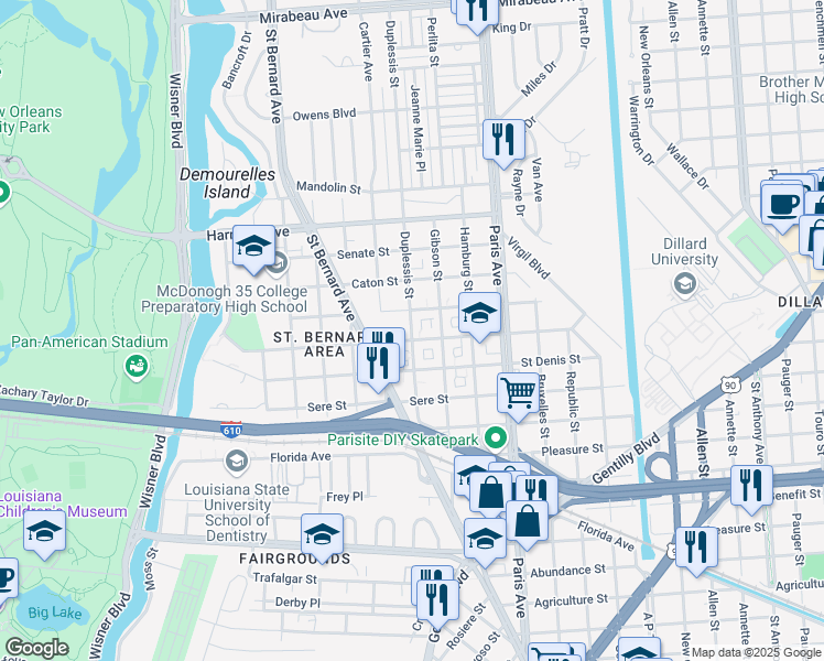 map of restaurants, bars, coffee shops, grocery stores, and more near 3835 Duplessis Street in New Orleans