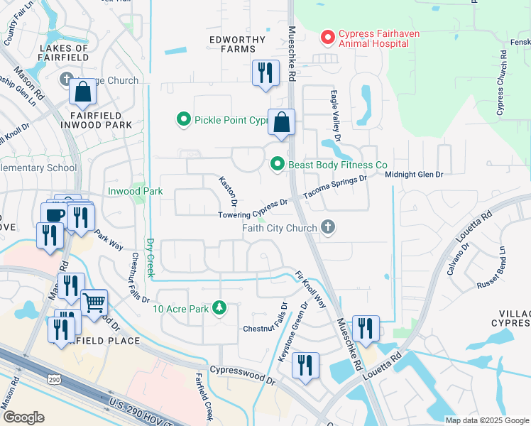 map of restaurants, bars, coffee shops, grocery stores, and more near 20119 Towering Cypress Drive in Cypress