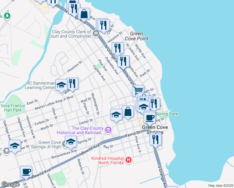 map of restaurants, bars, coffee shops, grocery stores, and more near 401 Cypress Avenue in Green Cove Springs