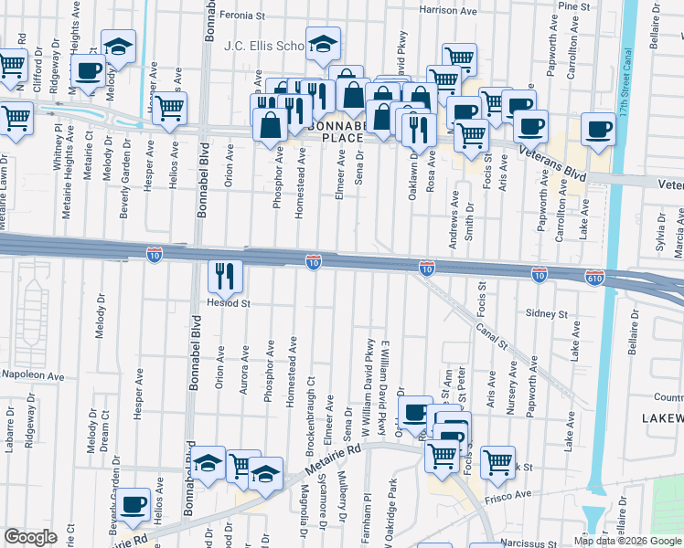map of restaurants, bars, coffee shops, grocery stores, and more near 420 Elmeer Avenue in Metairie