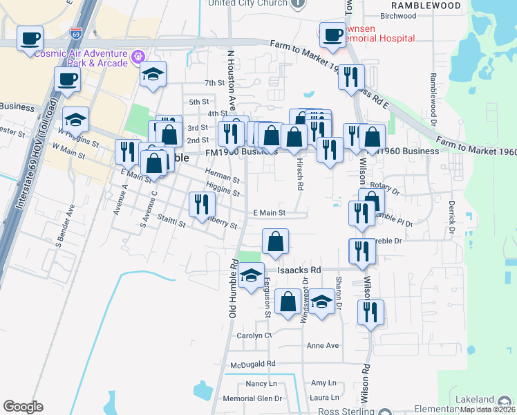 map of restaurants, bars, coffee shops, grocery stores, and more near 128 Davis Street in Humble