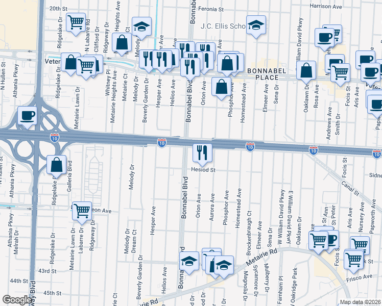 map of restaurants, bars, coffee shops, grocery stores, and more near 505 Bonnabel Boulevard in Metairie