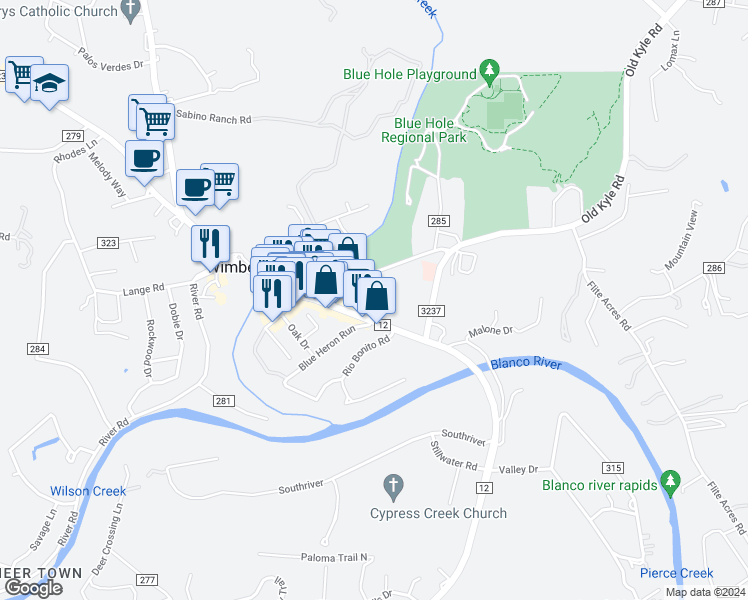 map of restaurants, bars, coffee shops, grocery stores, and more near 151 Oldham Street in Wimberley