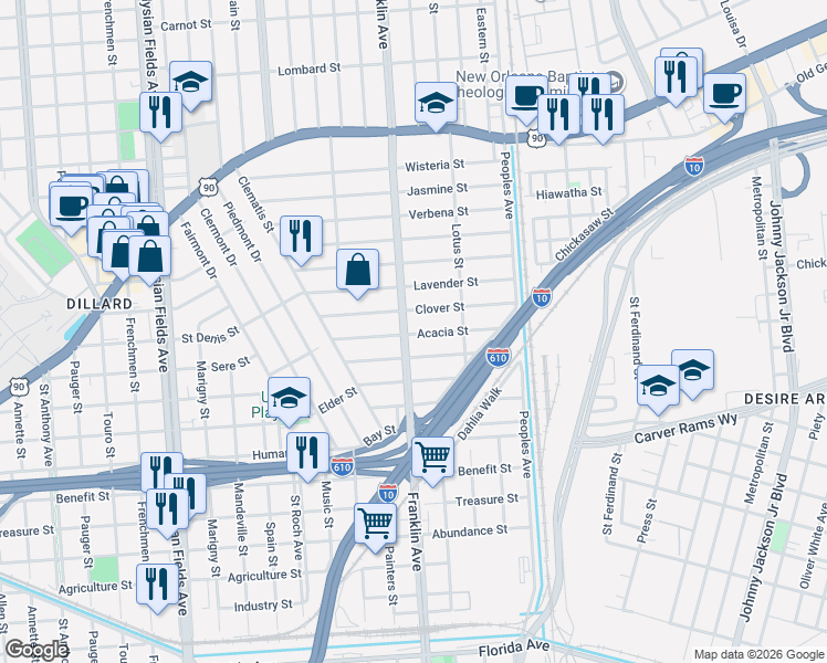 map of restaurants, bars, coffee shops, grocery stores, and more near 3613 Franklin Avenue in New Orleans