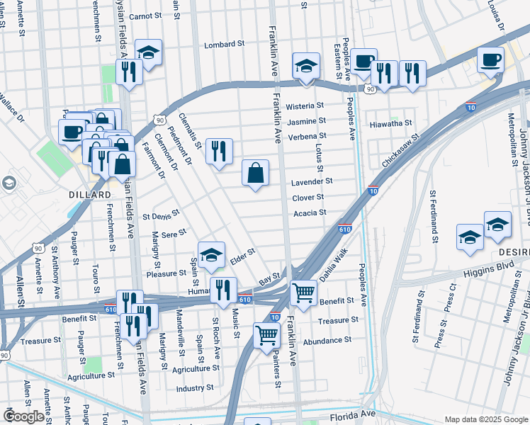 map of restaurants, bars, coffee shops, grocery stores, and more near 2529 Myrtle Street in New Orleans