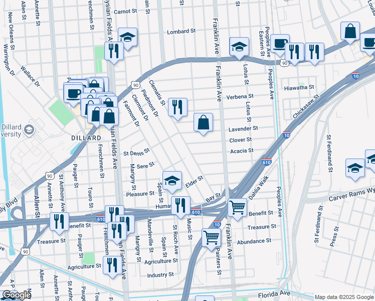 map of restaurants, bars, coffee shops, grocery stores, and more near 3618 Clematis Street in New Orleans
