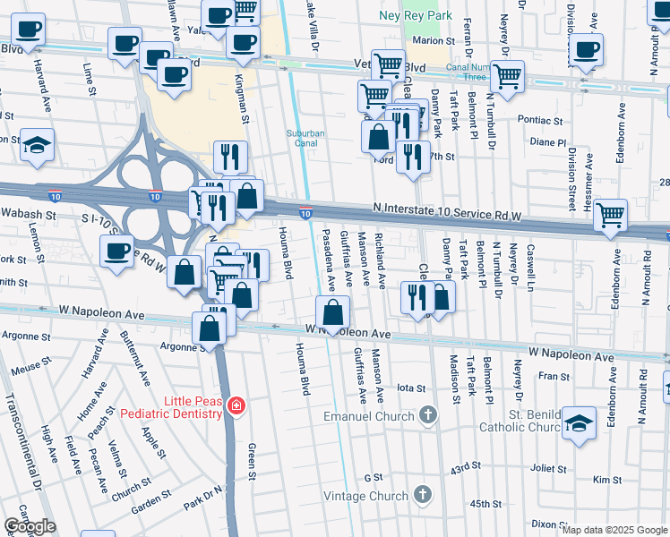 map of restaurants, bars, coffee shops, grocery stores, and more near 2304 Giuffrias Avenue in Metairie