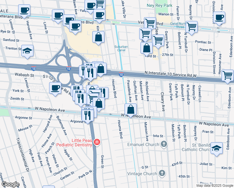 map of restaurants, bars, coffee shops, grocery stores, and more near 2408 Houma Boulevard in Metairie