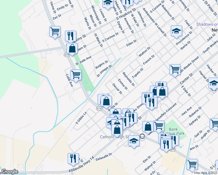 map of restaurants, bars, coffee shops, grocery stores, and more near 308 Desire Street in New Iberia