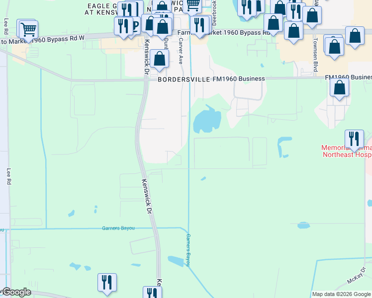 map of restaurants, bars, coffee shops, grocery stores, and more near 19327 Sears Drive in Humble