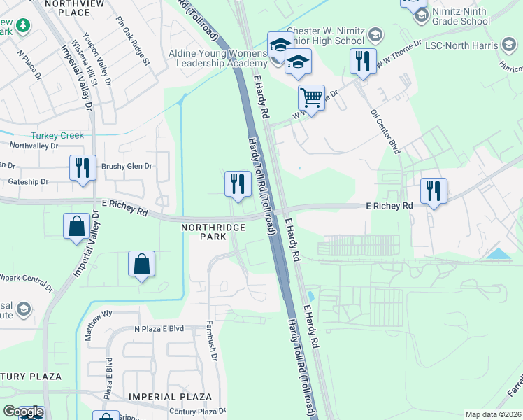 map of restaurants, bars, coffee shops, grocery stores, and more near 1960 East Richey Road in Houston