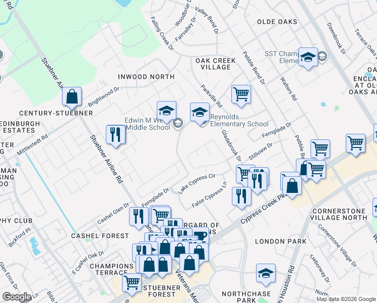 map of restaurants, bars, coffee shops, grocery stores, and more near 14331 Cypress Cascade Lane in Houston
