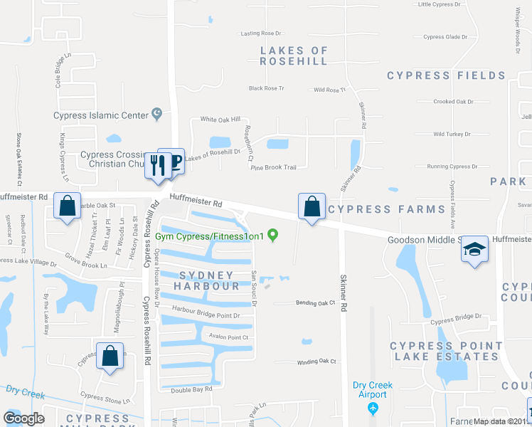 map of restaurants, bars, coffee shops, grocery stores, and more near 12030 Huffmeister Road in Cypress
