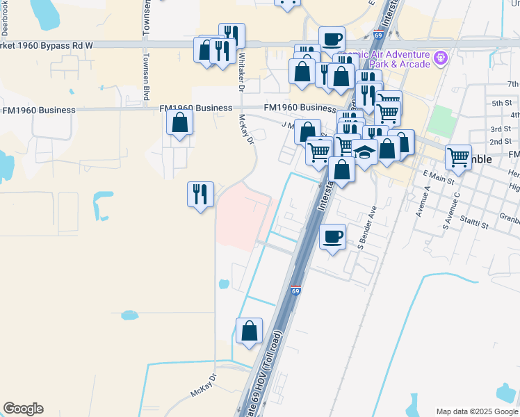 map of restaurants, bars, coffee shops, grocery stores, and more near 18955 West Memorial Drive in Humble