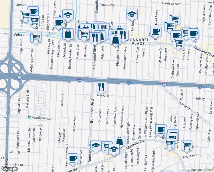map of restaurants, bars, coffee shops, grocery stores, and more near 514 Aurora Avenue in Metairie