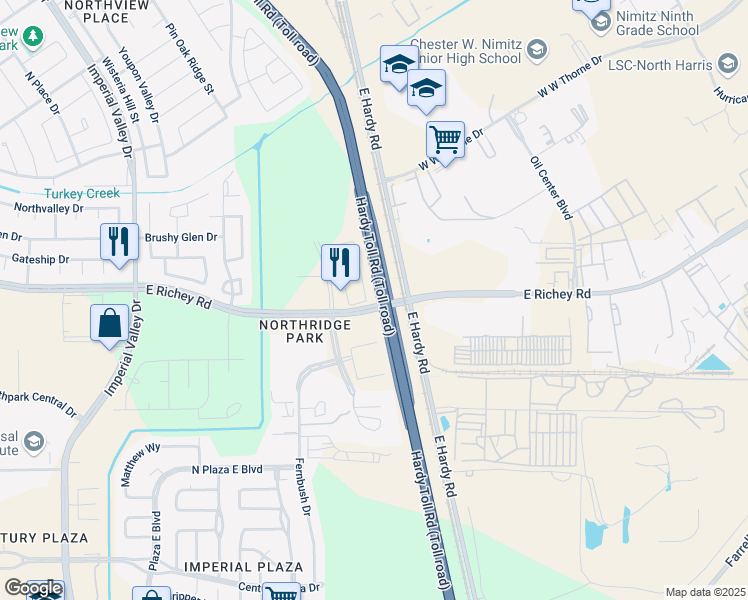 map of restaurants, bars, coffee shops, grocery stores, and more near 1960 East Richey Road in Houston