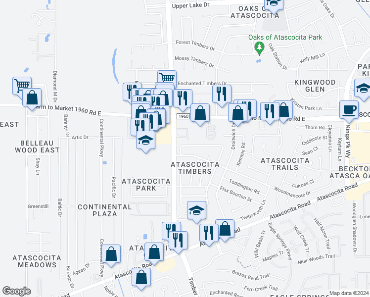 map of restaurants, bars, coffee shops, grocery stores, and more near 5410 Atascocita Timbers North in Humble