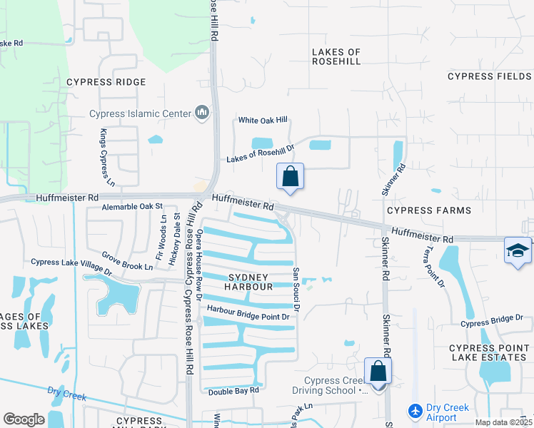 map of restaurants, bars, coffee shops, grocery stores, and more near 17810 Camp Cove Drive in Cypress