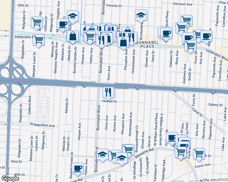 map of restaurants, bars, coffee shops, grocery stores, and more near 536 Aurora Avenue in Metairie