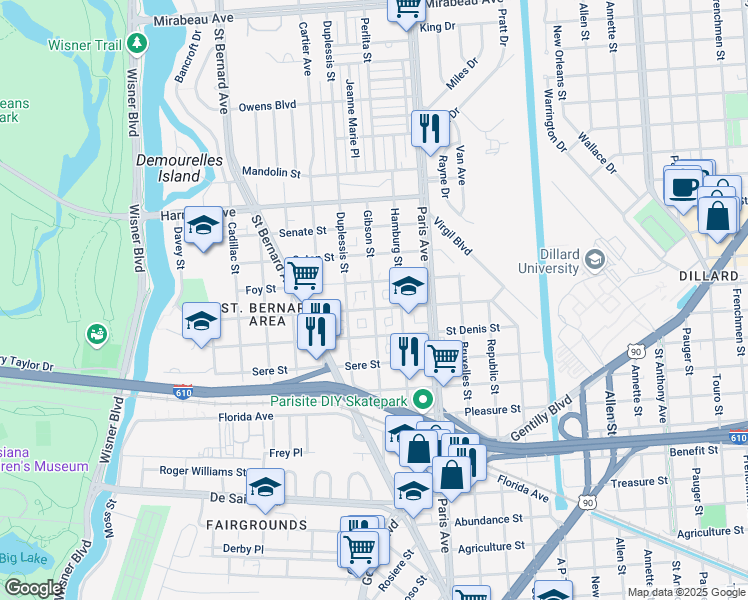 map of restaurants, bars, coffee shops, grocery stores, and more near Gibson Street in New Orleans