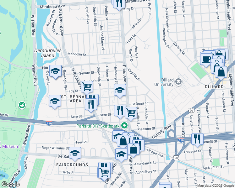 map of restaurants, bars, coffee shops, grocery stores, and more near 3830 Hamburg Street in New Orleans
