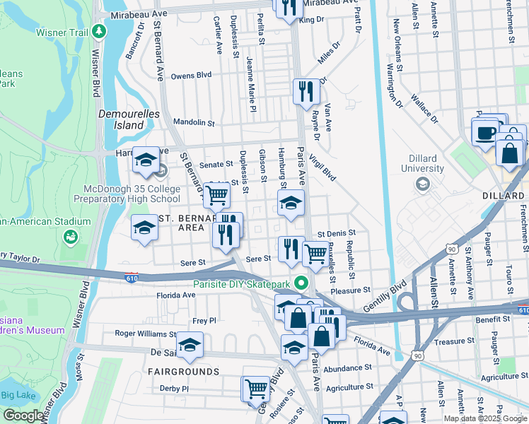 map of restaurants, bars, coffee shops, grocery stores, and more near 3830 Gibson Street in New Orleans